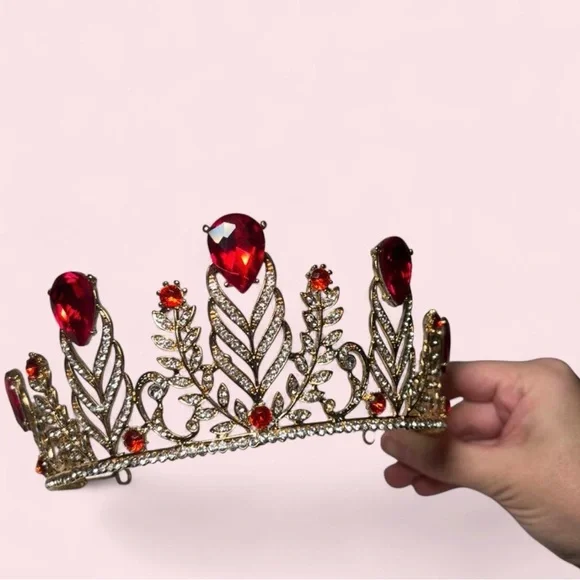 👑 Gold Baroque Crystal Crown | Red Gem Tiara - Picture 2 of 8
